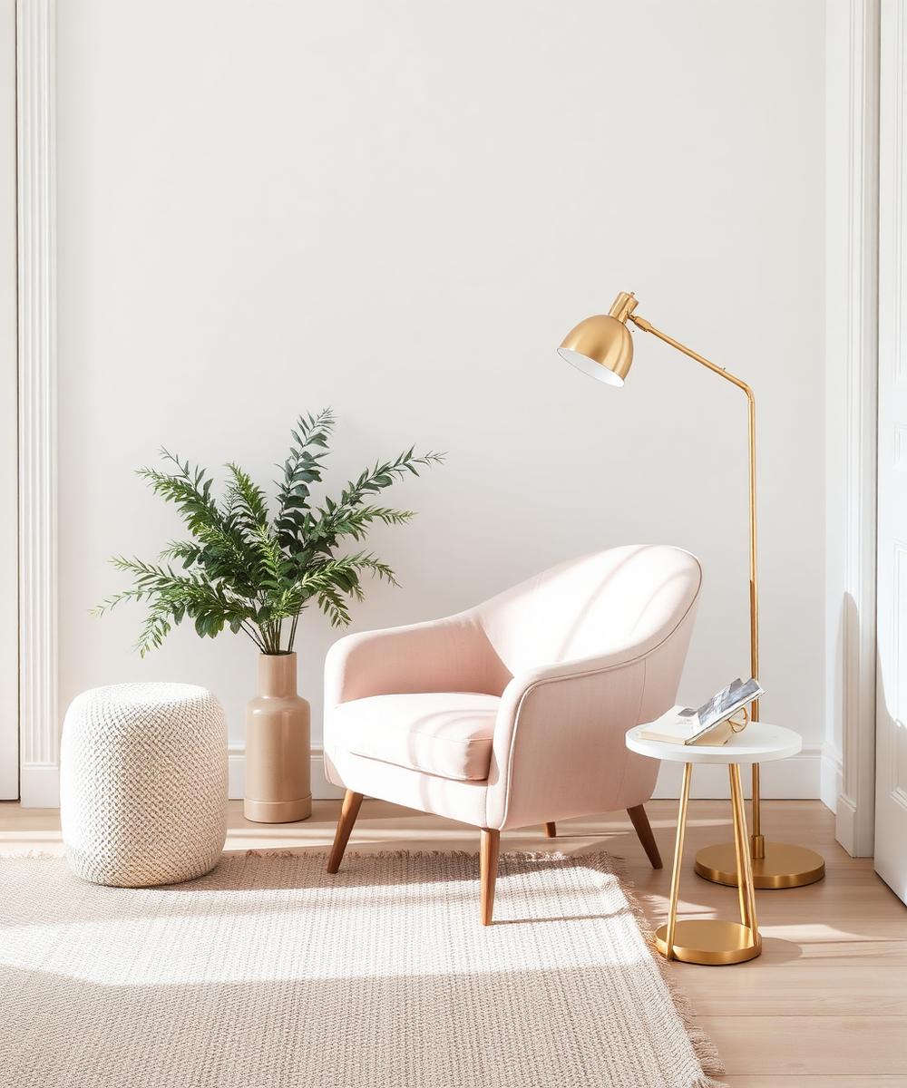 A pale pink linen tub chair in a bright room